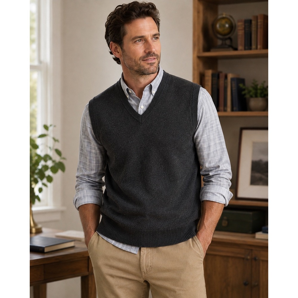 LL Bean Mens Vintage M Lambswool V-Neck Sweater Vest Charcoal Grey Scotland